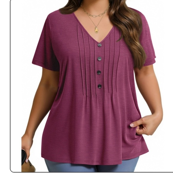 BloomChic Plus Size Solid Pleated Front Button Detail V Neck T-shirt - Picture 1 of 5
